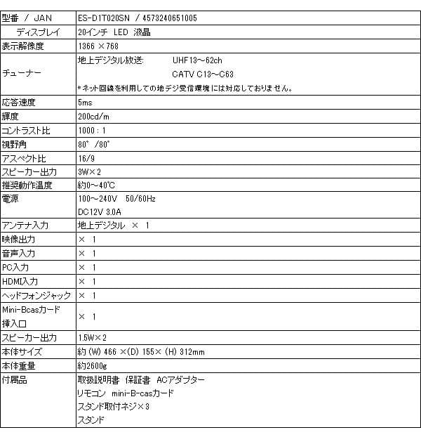 ECOS 20型 液晶テレビ LED液晶TV ES-D1T020SN