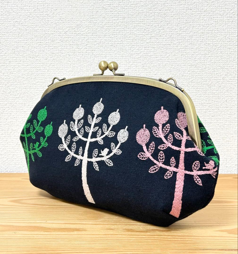 ハンドメイド がま口バッグ ポーチ ringo ネイビー ミナペルホネン 生地