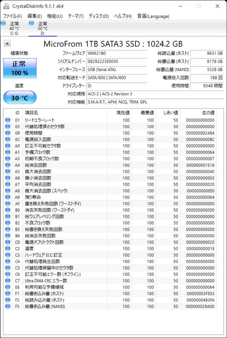 【正常品】 SSD 1TB 使用9348時間　正常100% MicroFrom