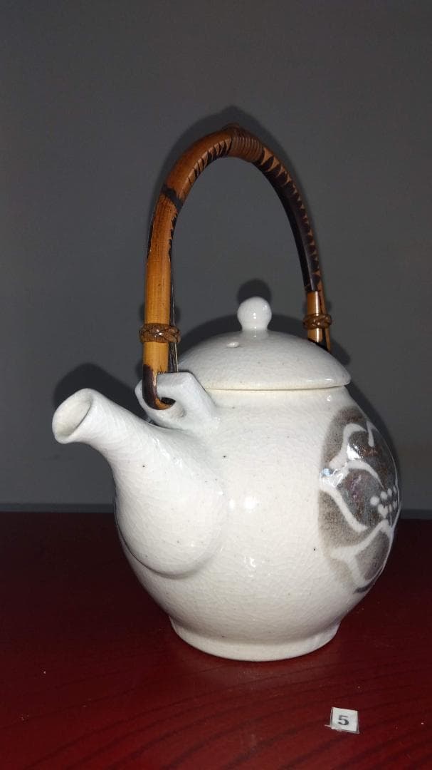 越前焼名工　松井勝彦【青ノ木窯】椿紋様蔓手持ち急須ペア湯呑セットNo:5