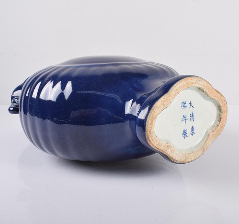 中国　大清康煕年製　瑠璃釉　双耳扁壷　M　R3690C