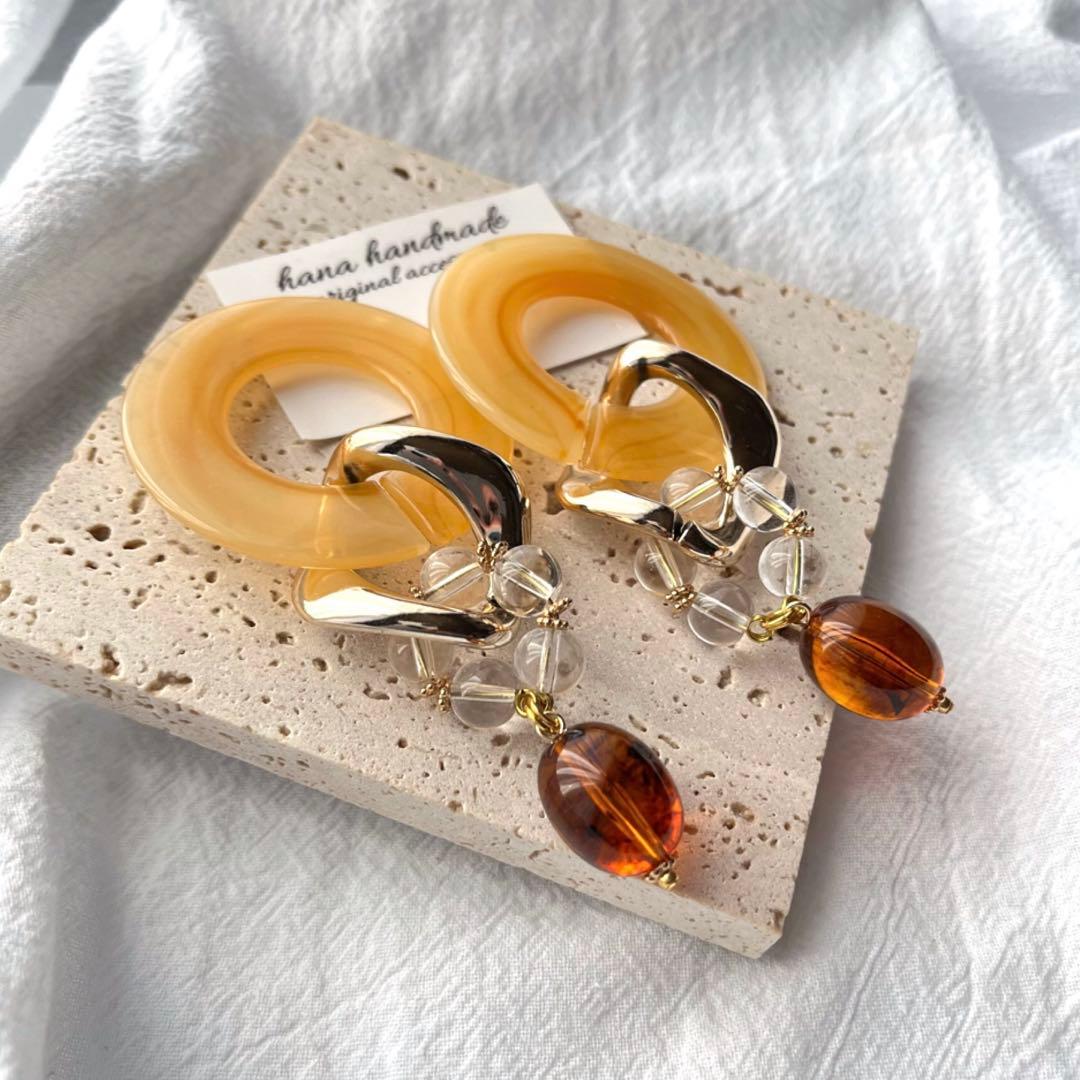 #924B オレンジ ゴールド チェーン ハンドメイド ピアス イヤリング