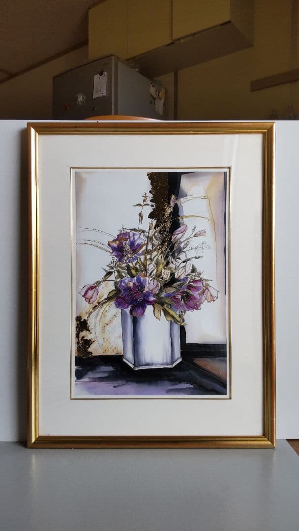 花瓶の花 水彩画 金色フレーム