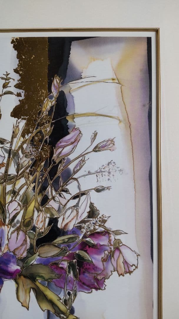 花瓶の花 水彩画 金色フレーム