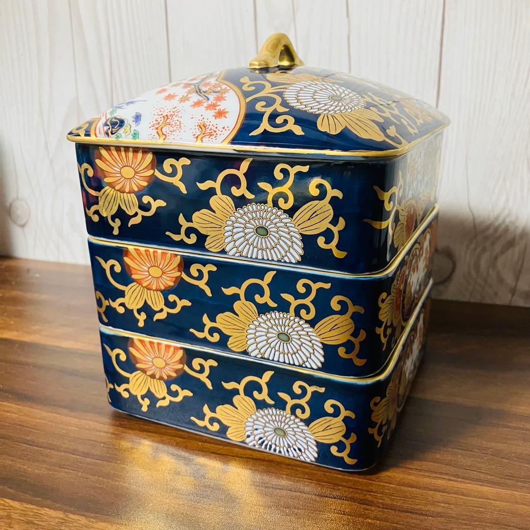 【希少 新品】有田焼 其泉窯 古伊万里 金襴手 三段重 金彩 お重 元箱付き