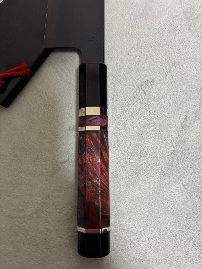 馬場刃物 景清 牛刀 青一 黒染め墨流し 8寸 両刃 特注柄 黒専用鞘