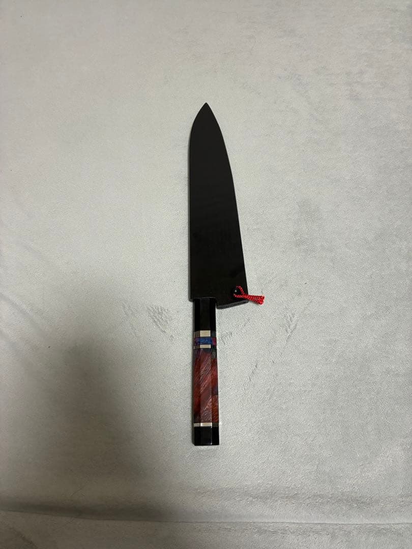 馬場刃物 景清 牛刀 青一 黒染め墨流し 8寸 両刃 特注柄 黒専用鞘