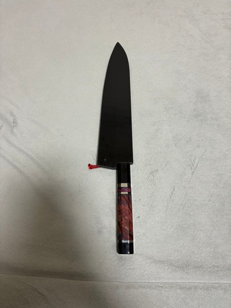 馬場刃物 景清 牛刀 青一 黒染め墨流し 8寸 両刃 特注柄 黒専用鞘