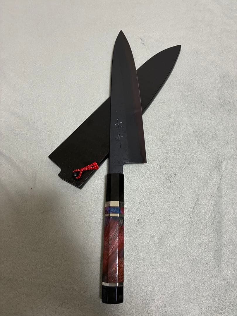 馬場刃物 景清 牛刀 青一 黒染め墨流し 8寸 両刃 特注柄 黒専用鞘