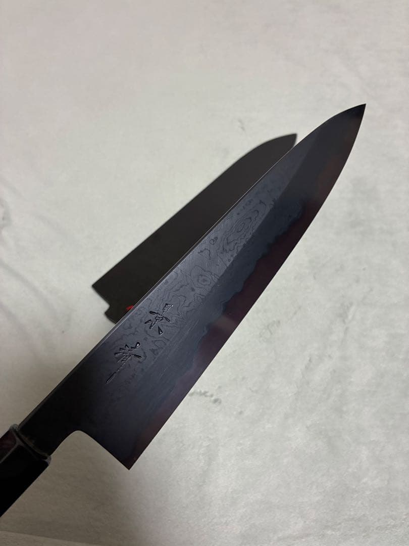 馬場刃物 景清 牛刀 青一 黒染め墨流し 8寸 両刃 特注柄 黒専用鞘