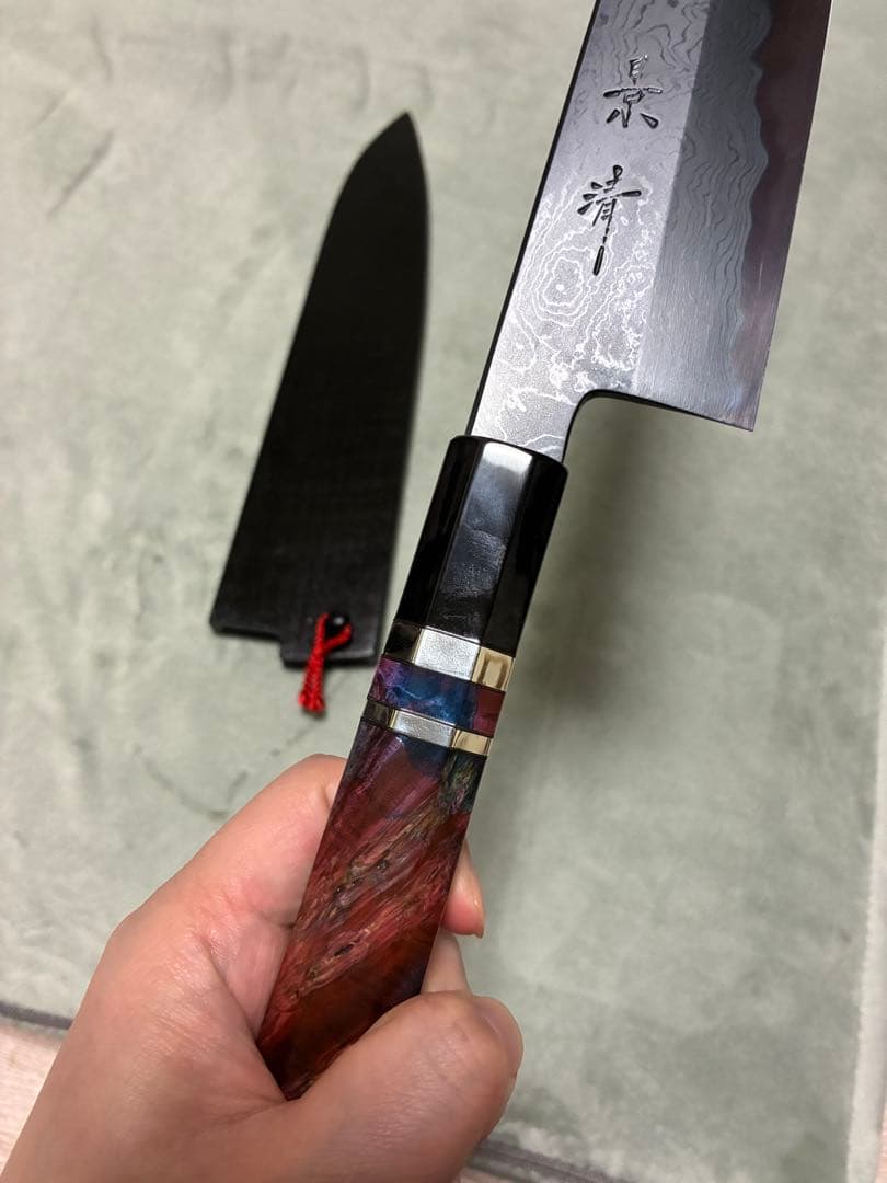 馬場刃物 景清 牛刀 青一 黒染め墨流し 8寸 両刃 特注柄 黒専用鞘