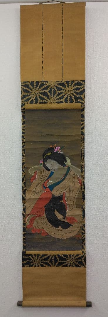 花魁（おいらん）美人画　浮世絵　古画　下図　絹本　掛軸
