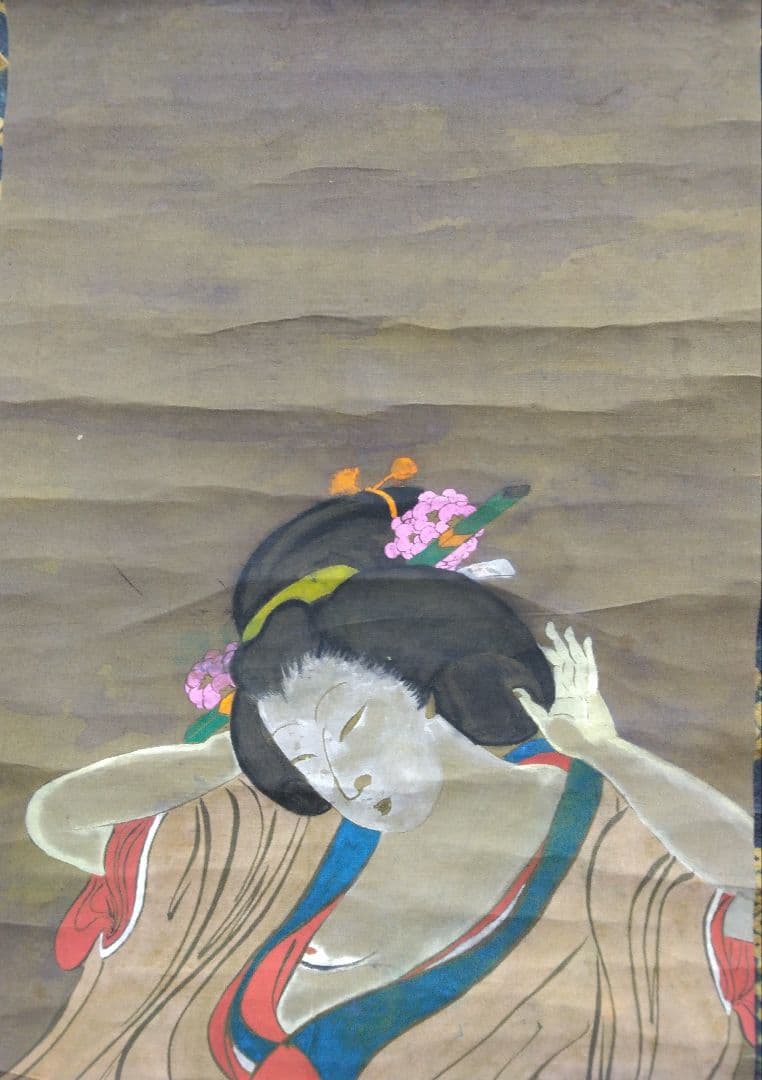 花魁（おいらん）美人画　浮世絵　古画　下図　絹本　掛軸