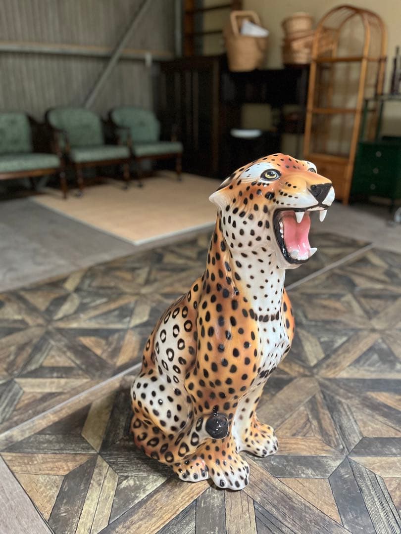 イタリア製 ヒョウ 豹 陶器 置物 レオパード アニマル インテリア オブジェ