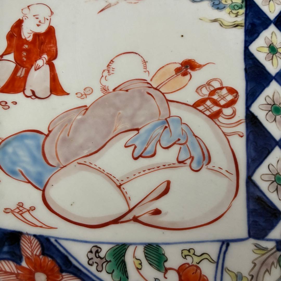 色絵 古い大皿 約37cm 飾皿　縁起窓絵　金継ぎ用　骨董　インテリア　置物