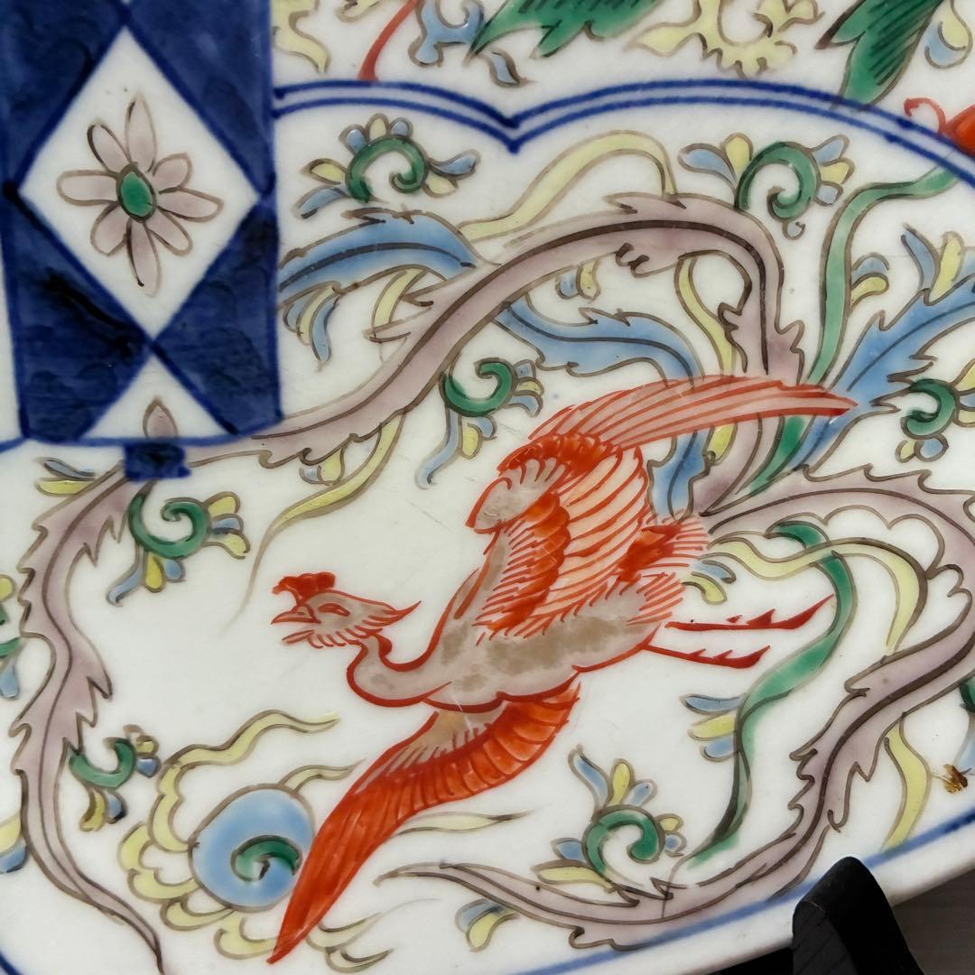 色絵 古い大皿 約37cm 飾皿　縁起窓絵　金継ぎ用　骨董　インテリア　置物