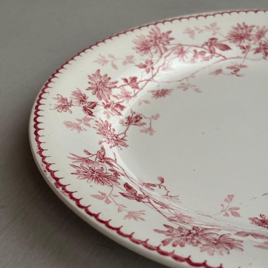 美品 フランスアンティーク クレイユエモントロー 赤い花模様のディナープレートC