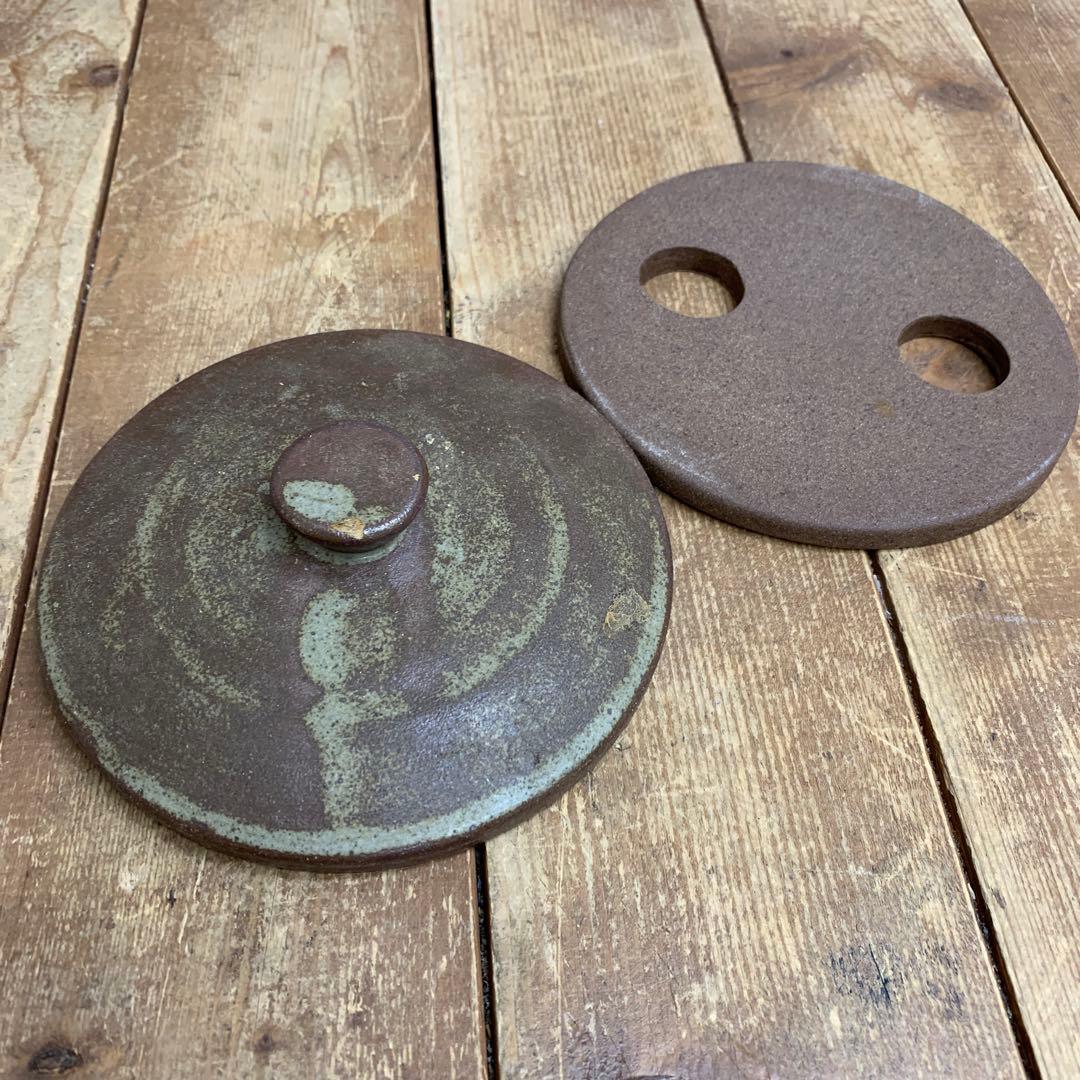 2F 【古道具】陶器製 蓋付き 壺 土鍋（中蓋・落とし蓋付き）ヴィンテージ