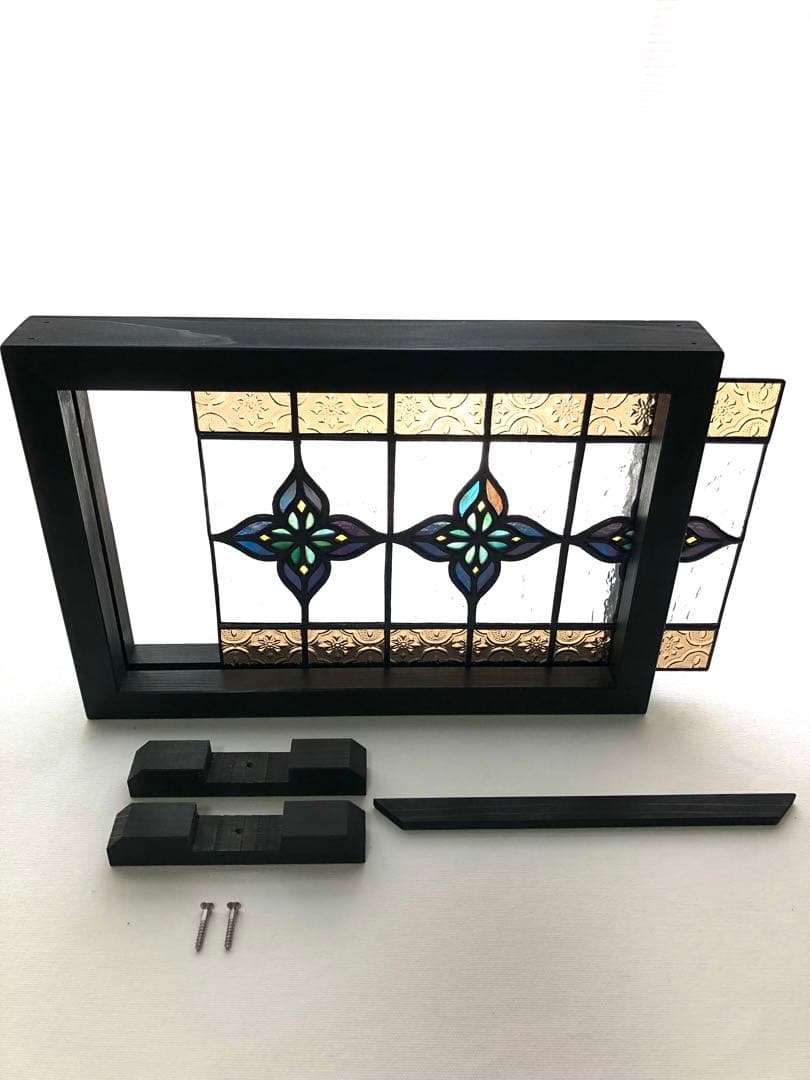 ステンドグラス　パネル　青い花　模様　ハンドメイド