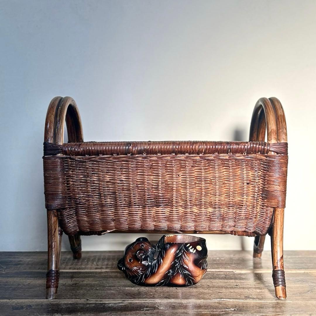 昭和初期　ラタン　藤　ラック　カゴ　アンティーク　レトロ竹編　古道具　職人手仕事