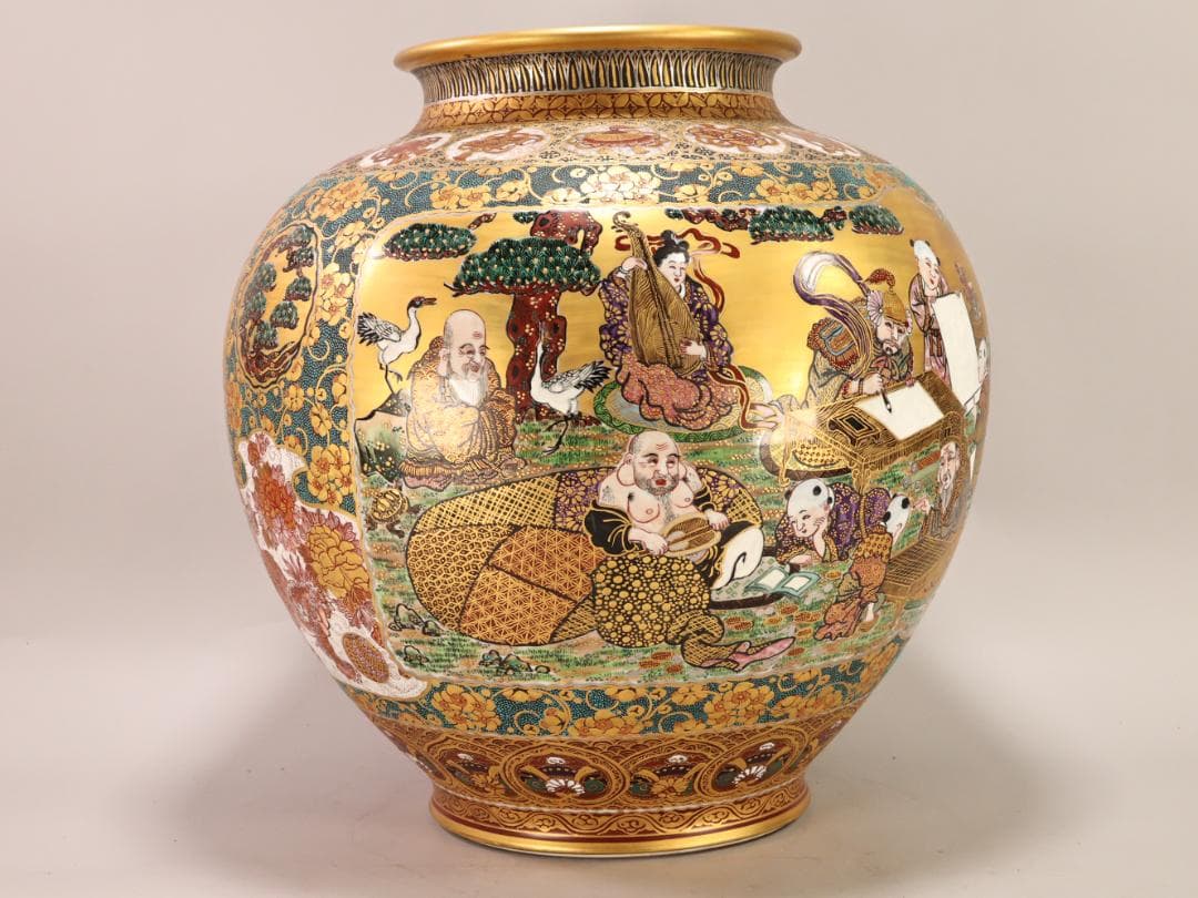 BK498 九谷焼 陶志凰窯 作田利男 (花仙) 作 七福神鳳凰図 特大　花瓶