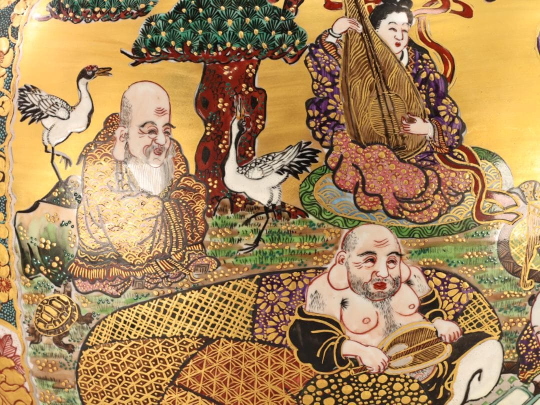 BK498 九谷焼 陶志凰窯 作田利男 (花仙) 作 七福神鳳凰図 特大　花瓶