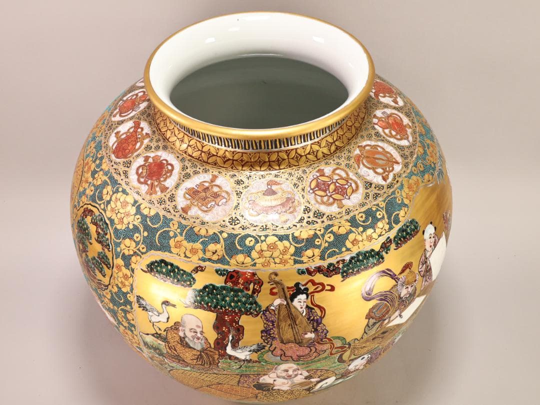 BK498 九谷焼 陶志凰窯 作田利男 (花仙) 作 七福神鳳凰図 特大　花瓶