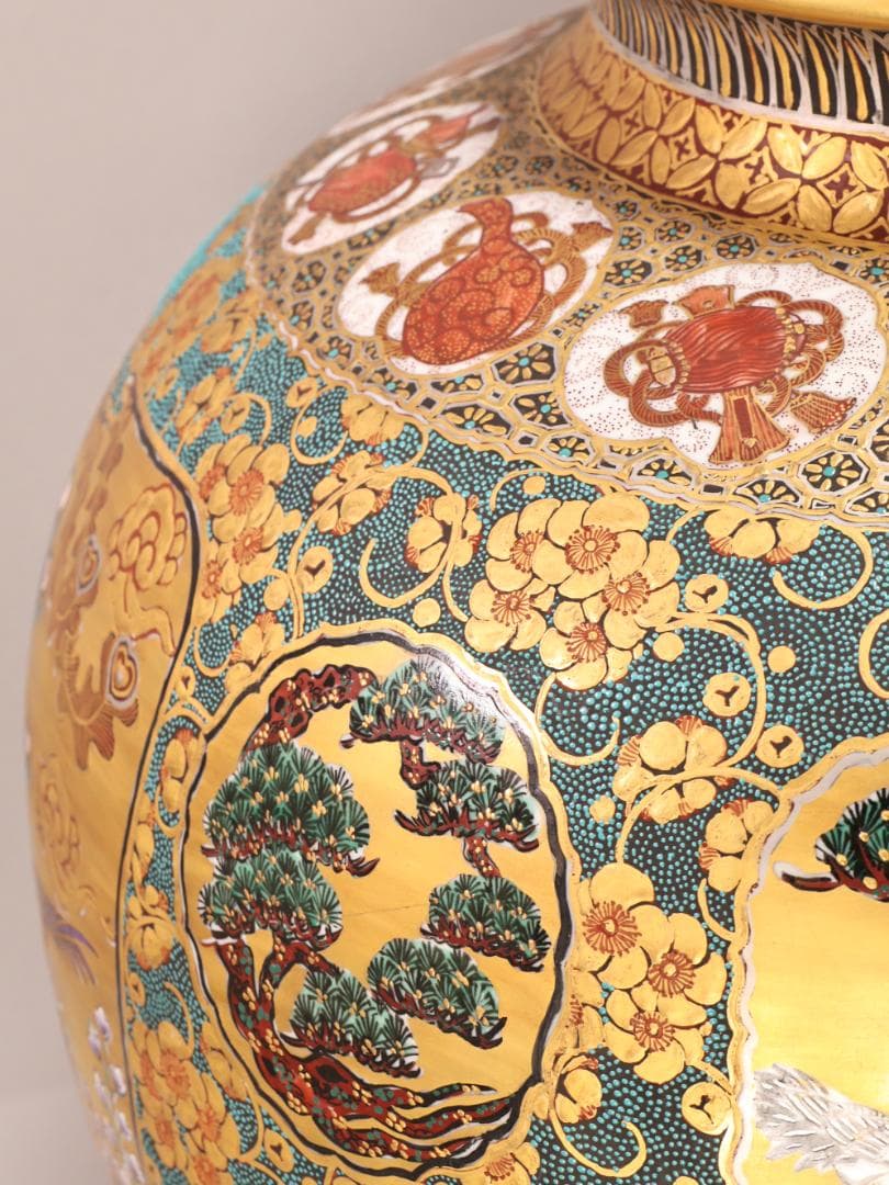 BK498 九谷焼 陶志凰窯 作田利男 (花仙) 作 七福神鳳凰図 特大　花瓶