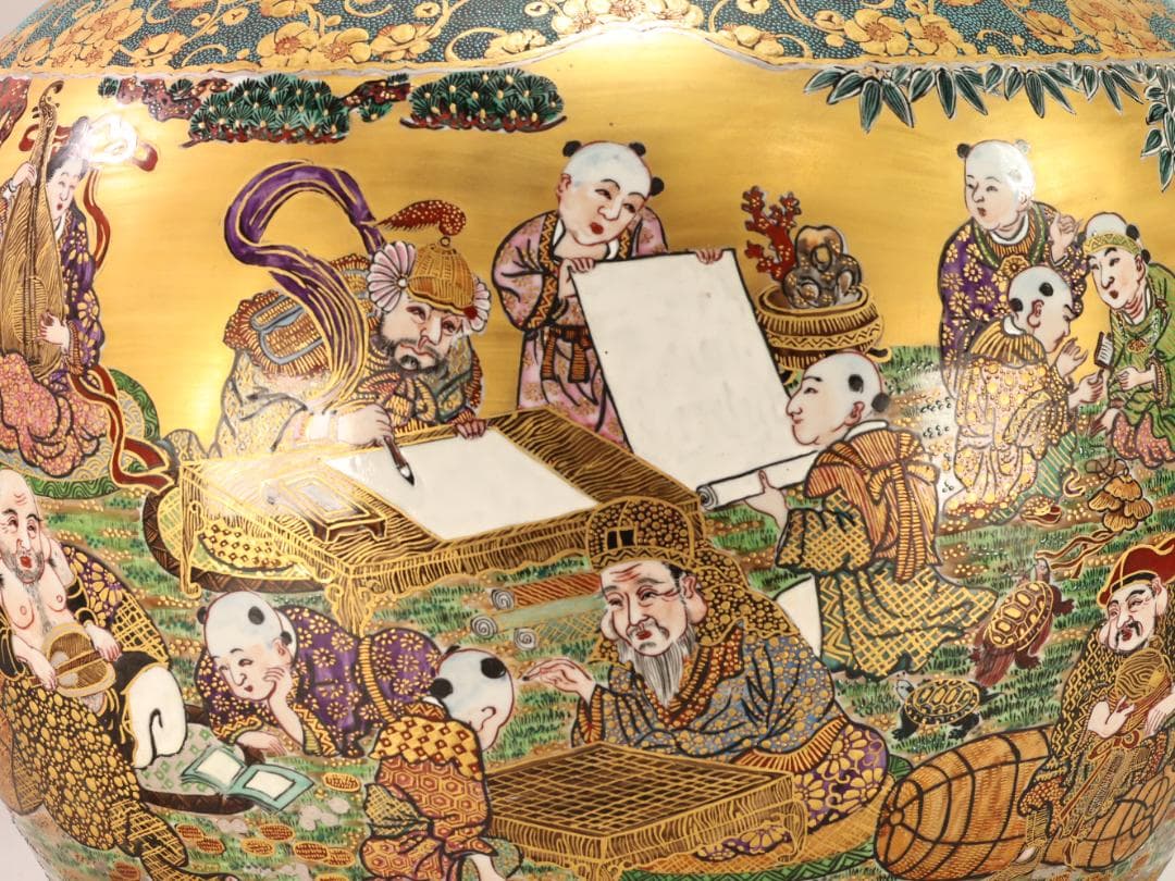 BK498 九谷焼 陶志凰窯 作田利男 (花仙) 作 七福神鳳凰図 特大　花瓶