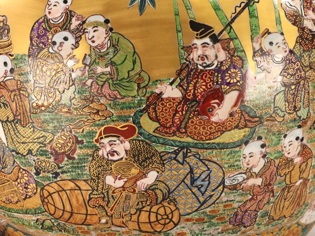 BK498 九谷焼 陶志凰窯 作田利男 (花仙) 作 七福神鳳凰図 特大　花瓶