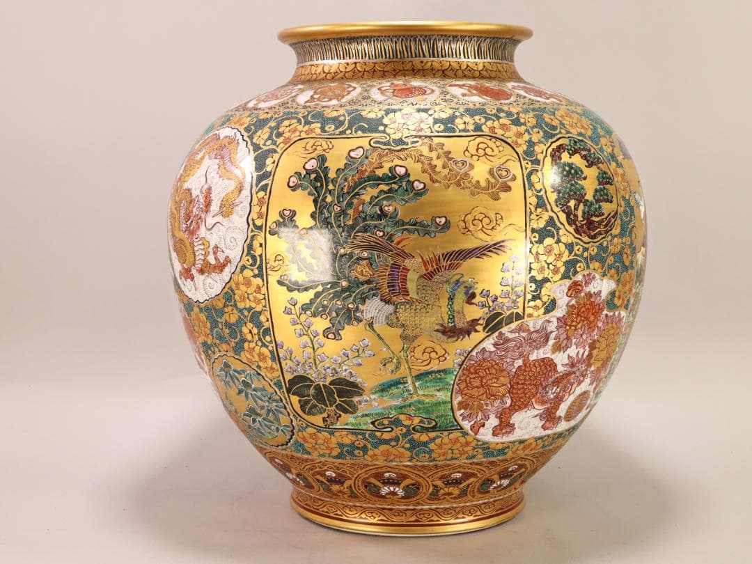 BK498 九谷焼 陶志凰窯 作田利男 (花仙) 作 七福神鳳凰図 特大　花瓶