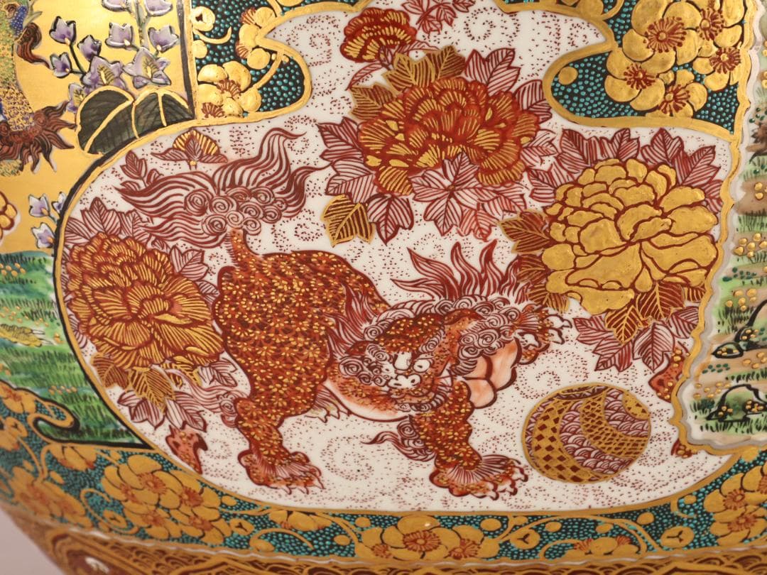 BK498 九谷焼 陶志凰窯 作田利男 (花仙) 作 七福神鳳凰図 特大　花瓶