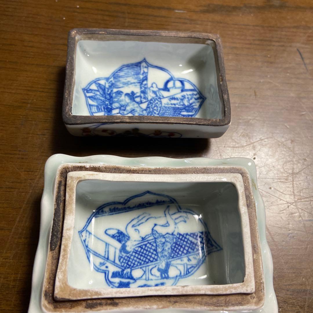 青　骨董　陶磁器蓋付き容器　蓋物　香合