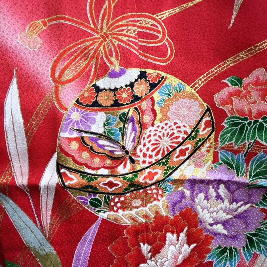 セット七五三 ７歳女の子 長着＆袖なし長襦袢＆帯＆小物　赤　地紋　金プリント毬桜