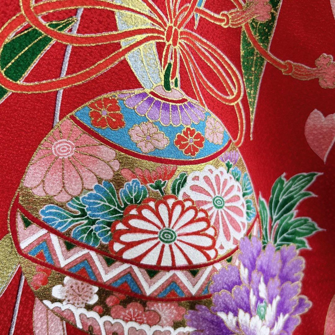 セット七五三 ７歳女の子 長着＆袖なし長襦袢＆帯＆小物　赤　地紋　金プリント毬桜