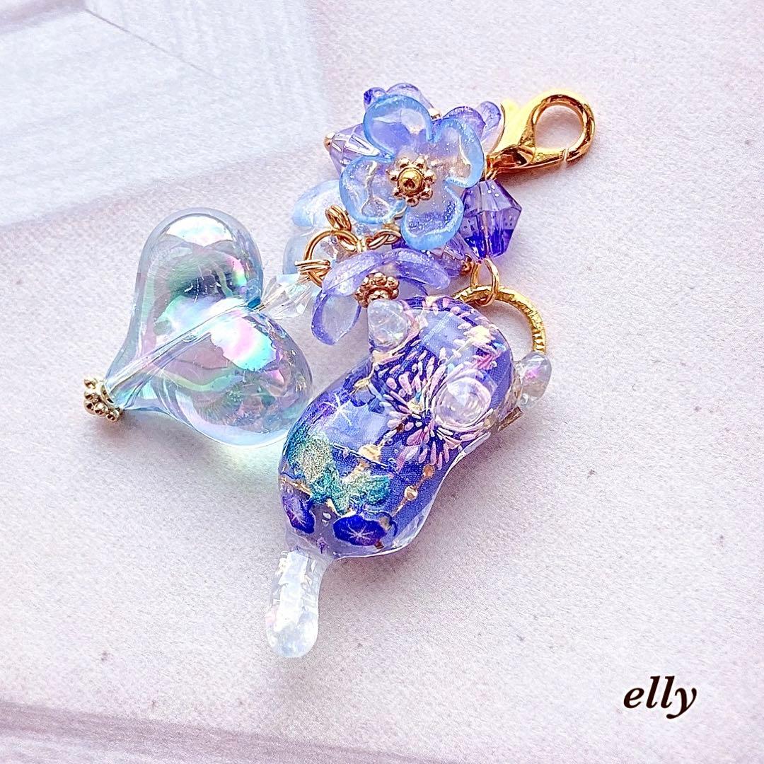 【hana様】1354.天然石　琉球ガラス　紫陽花　とびつき猫　レジン　チャーム