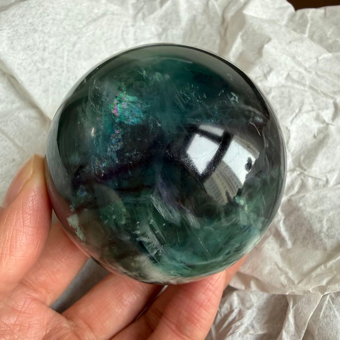 天然石フェザーフローライトのスフィア　丸玉　置物NO.030203