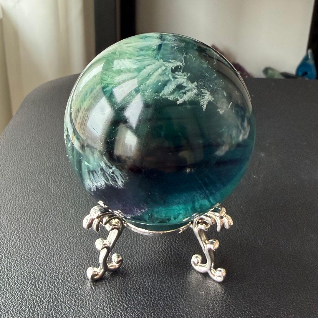 天然石フェザーフローライトのスフィア　丸玉　置物NO.030203