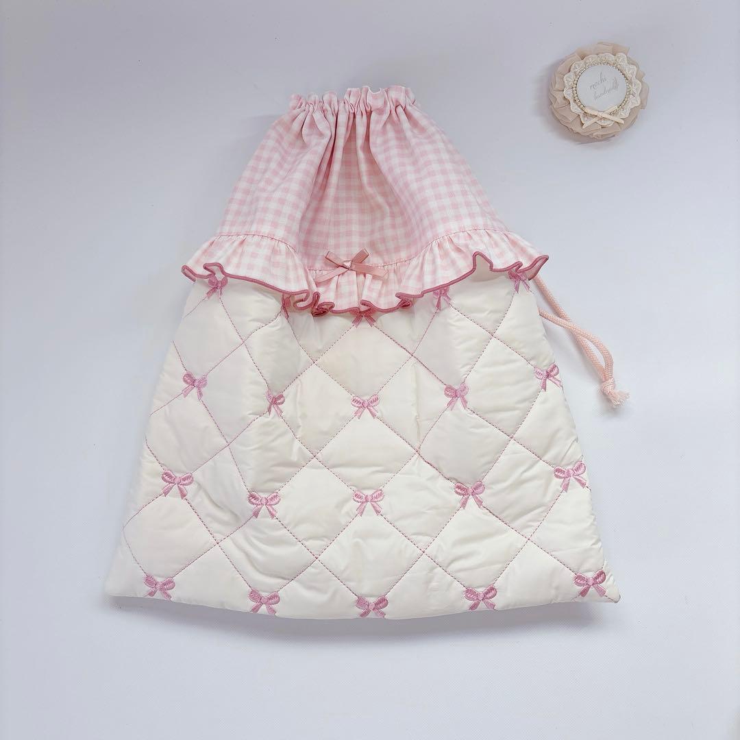 a♡プロフィール必読様　レッスンバッグ　上履き袋　ヌビ　キルト　りぼん　刺繍生地