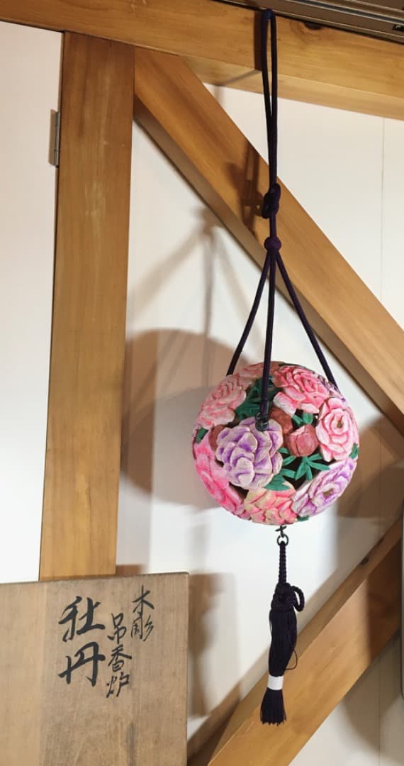 『牡丹』 平田雅哉刀 木彫 呂香炉 109cm(フサ含め) 彫刻 共箱 骨董