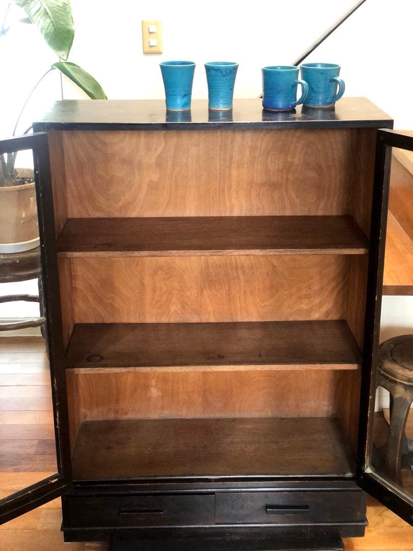 オーク材 洋モダン 【 アンティークキャビネット 】大正ガラス ビンテージ家具