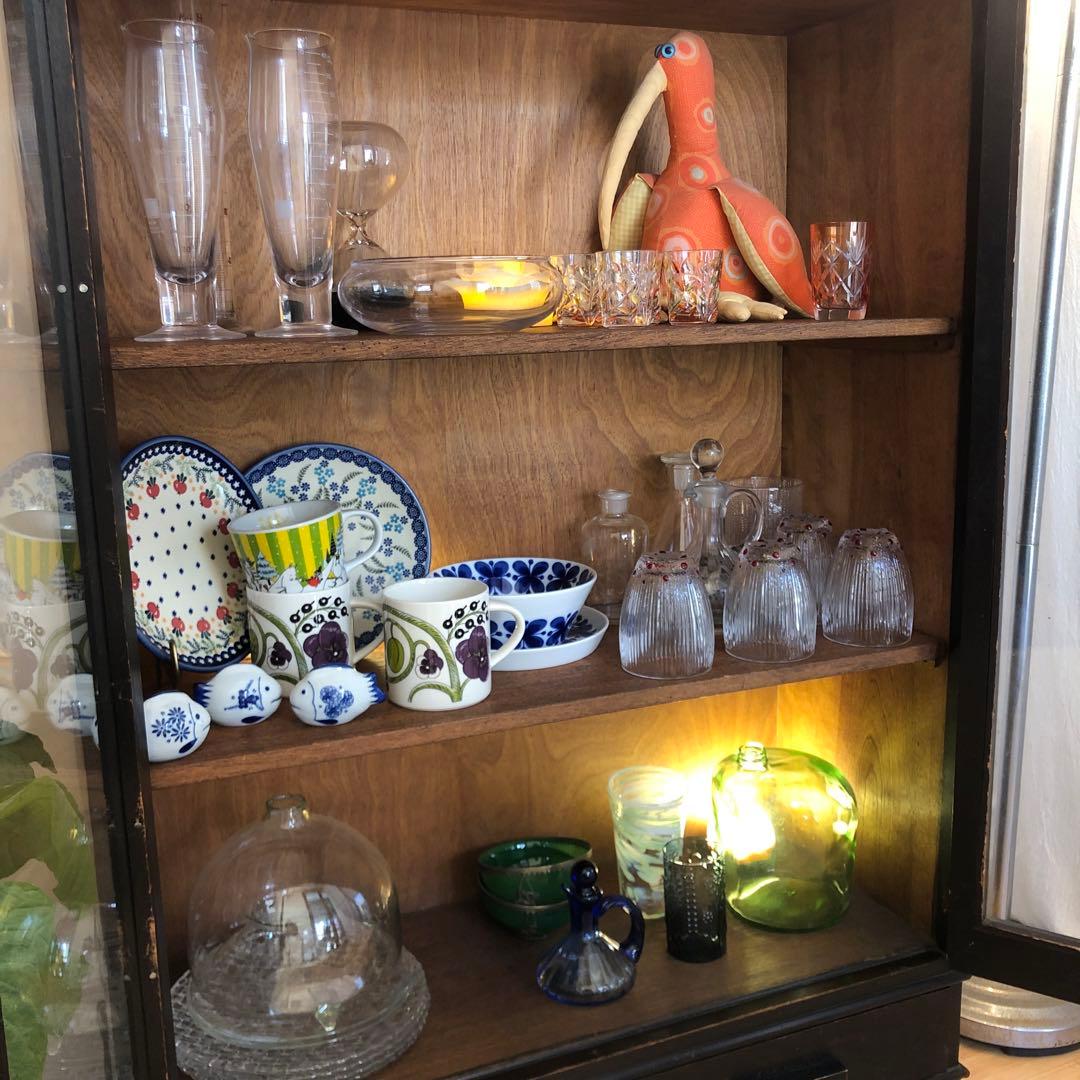 オーク材 洋モダン 【 アンティークキャビネット 】大正ガラス ビンテージ家具