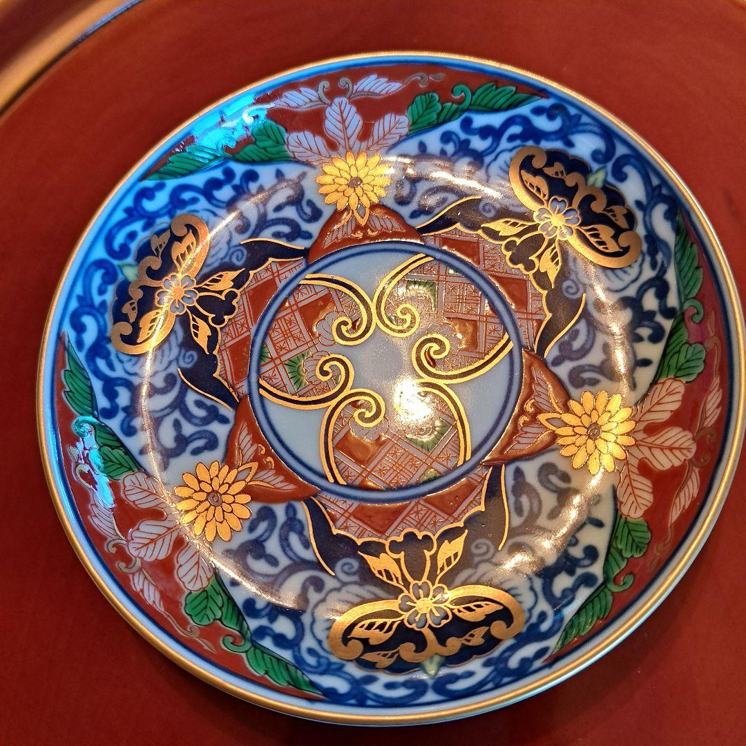 有田焼　其泉窯　金彩古伊万里　金縁　染錦　小皿揃 　銘々皿　見込地紋　賞美堂