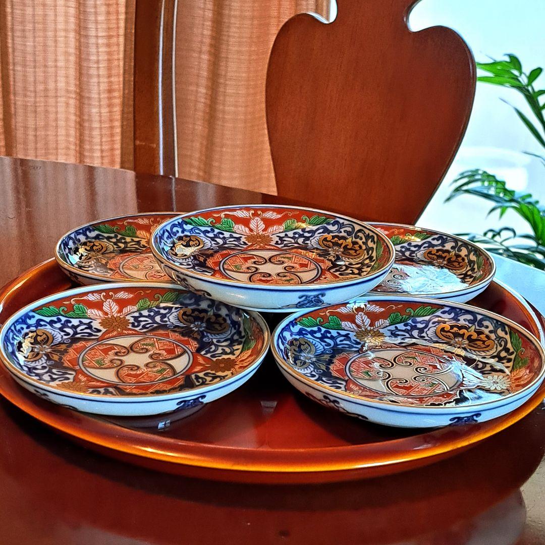 有田焼　其泉窯　金彩古伊万里　金縁　染錦　小皿揃 　銘々皿　見込地紋　賞美堂