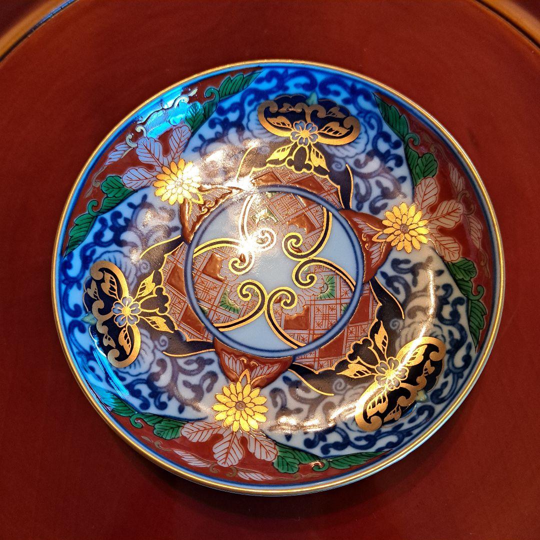 有田焼　其泉窯　金彩古伊万里　金縁　染錦　小皿揃 　銘々皿　見込地紋　賞美堂