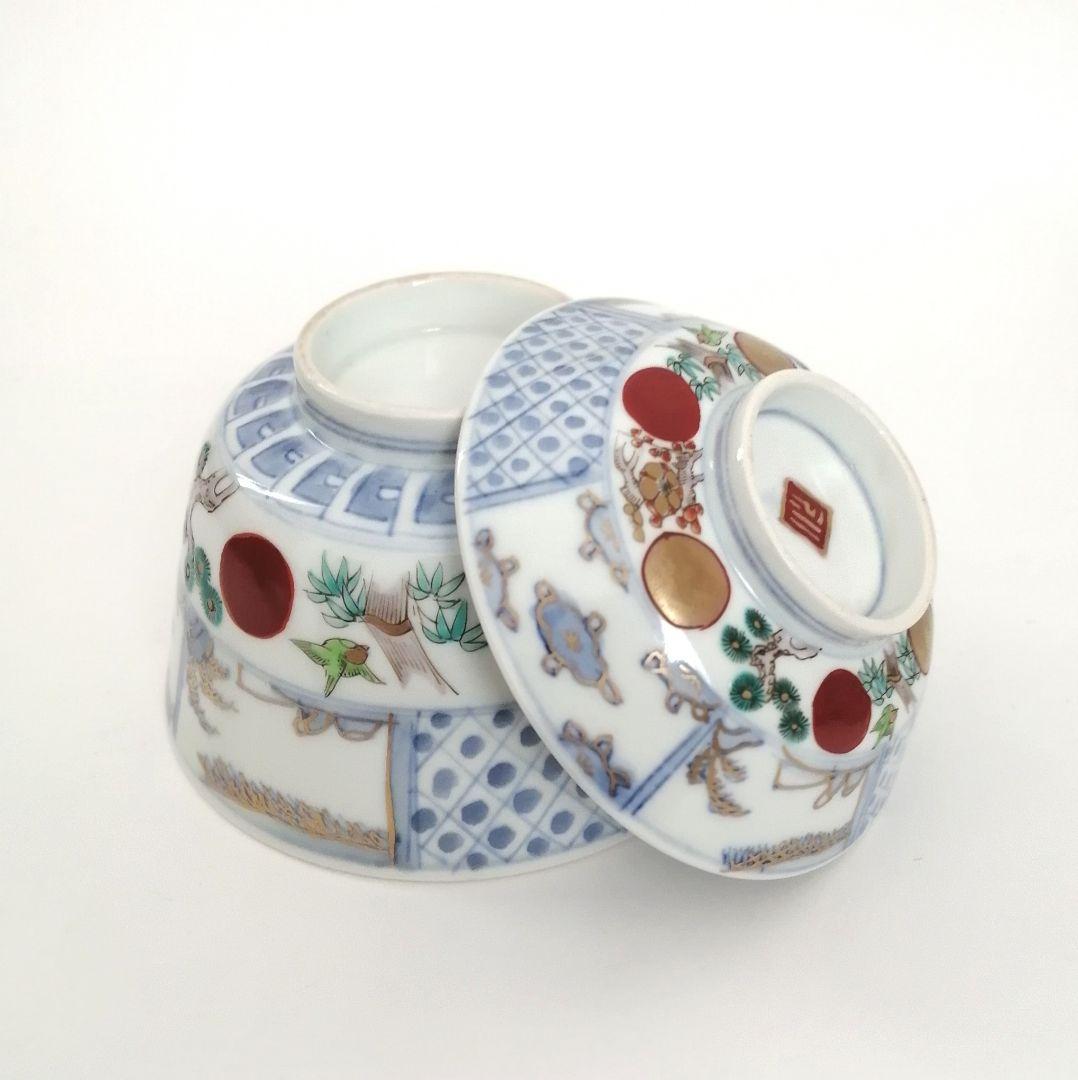 古伊万里　赤玉　松竹梅図　蓋茶碗　5客組