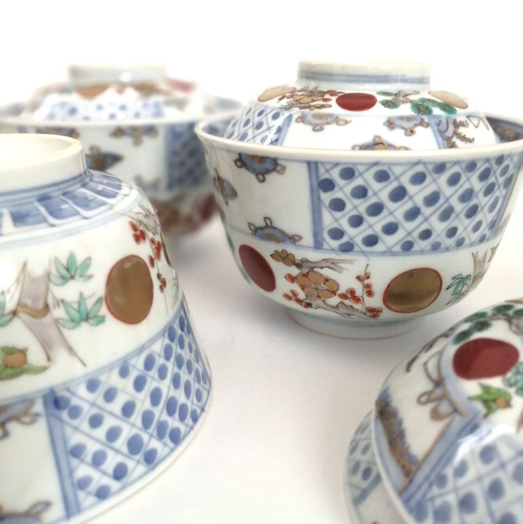 古伊万里　赤玉　松竹梅図　蓋茶碗　5客組