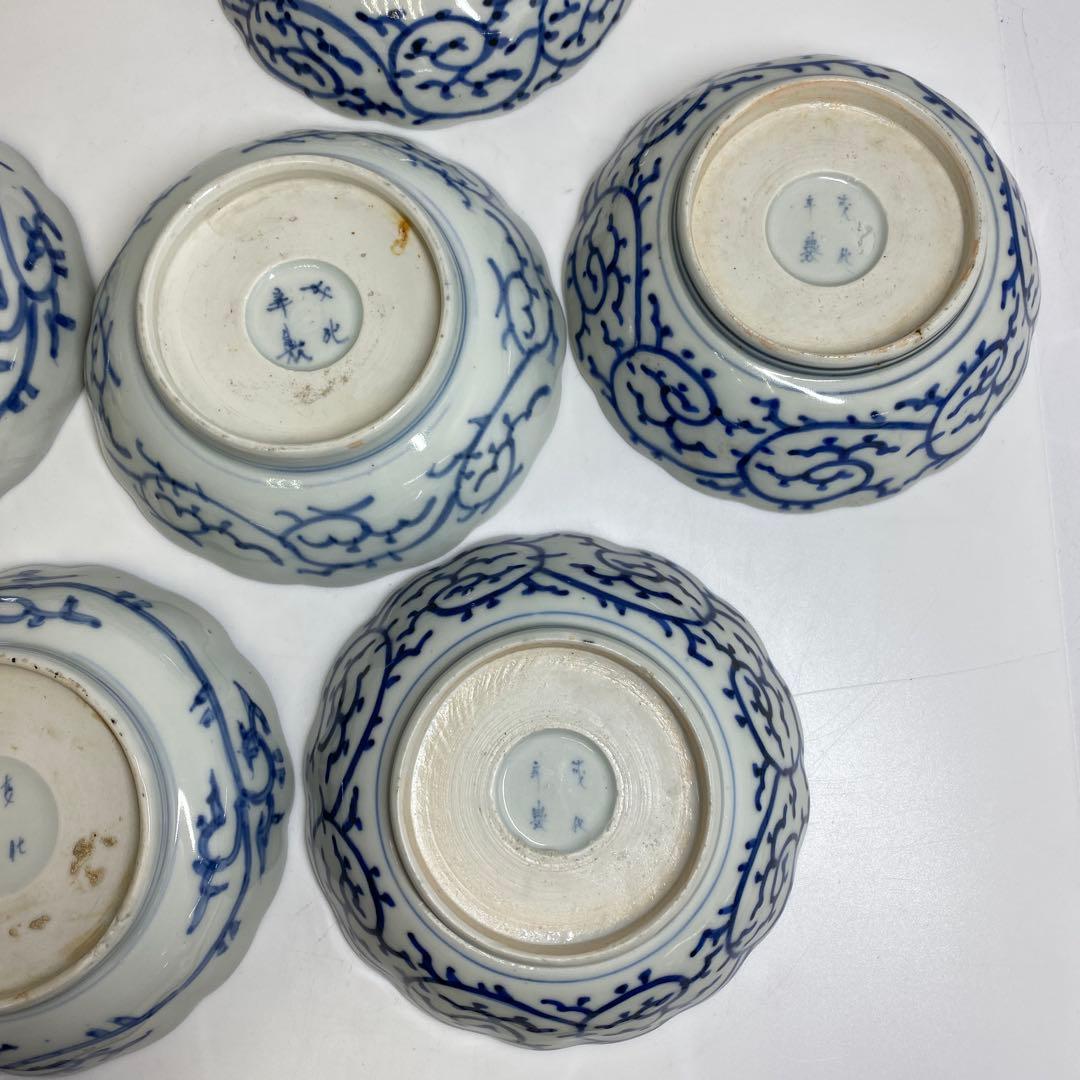古伊万里 染付蛸唐草 膾皿 6枚　w14.5〜15cm 東キ7-0913①