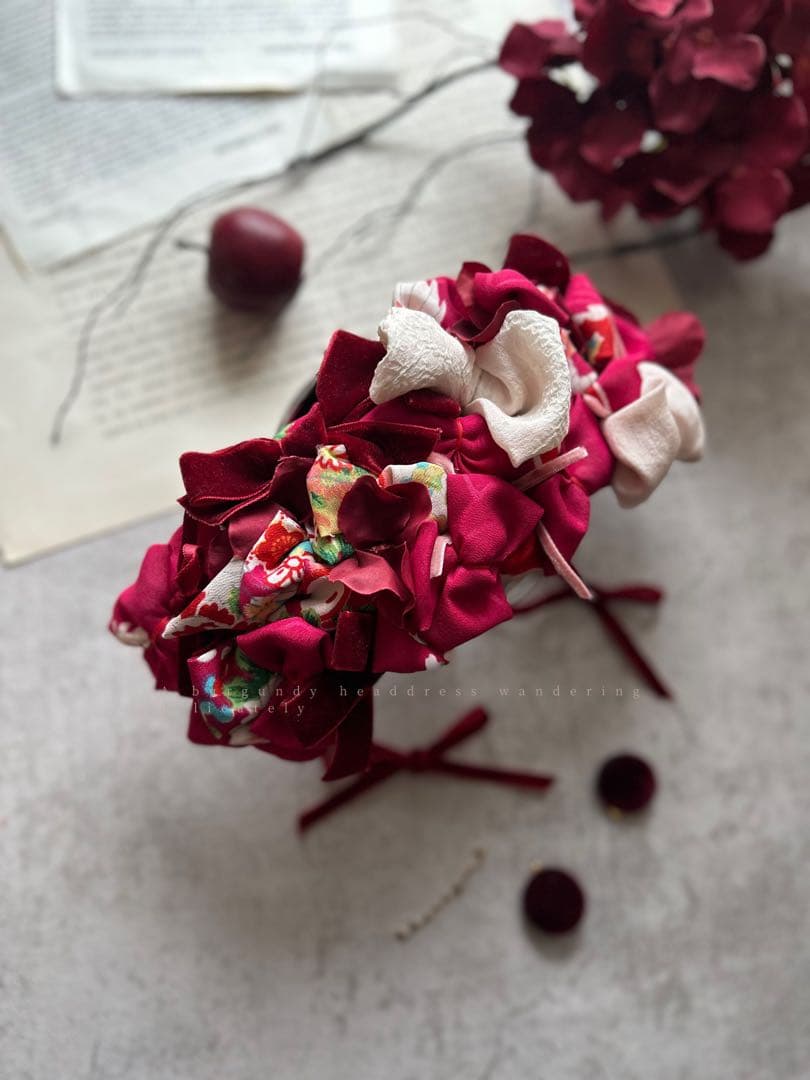 七五三　七五三髪飾り　ヘッドドレス　着物髪飾り　lovelyなボルドー　099