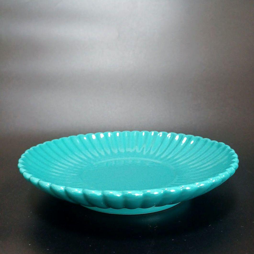 紅釉天藍釉菊口皿一対　中国古美術